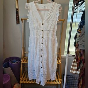 Time and Tru White Eyelet Midi Dress with Buttons